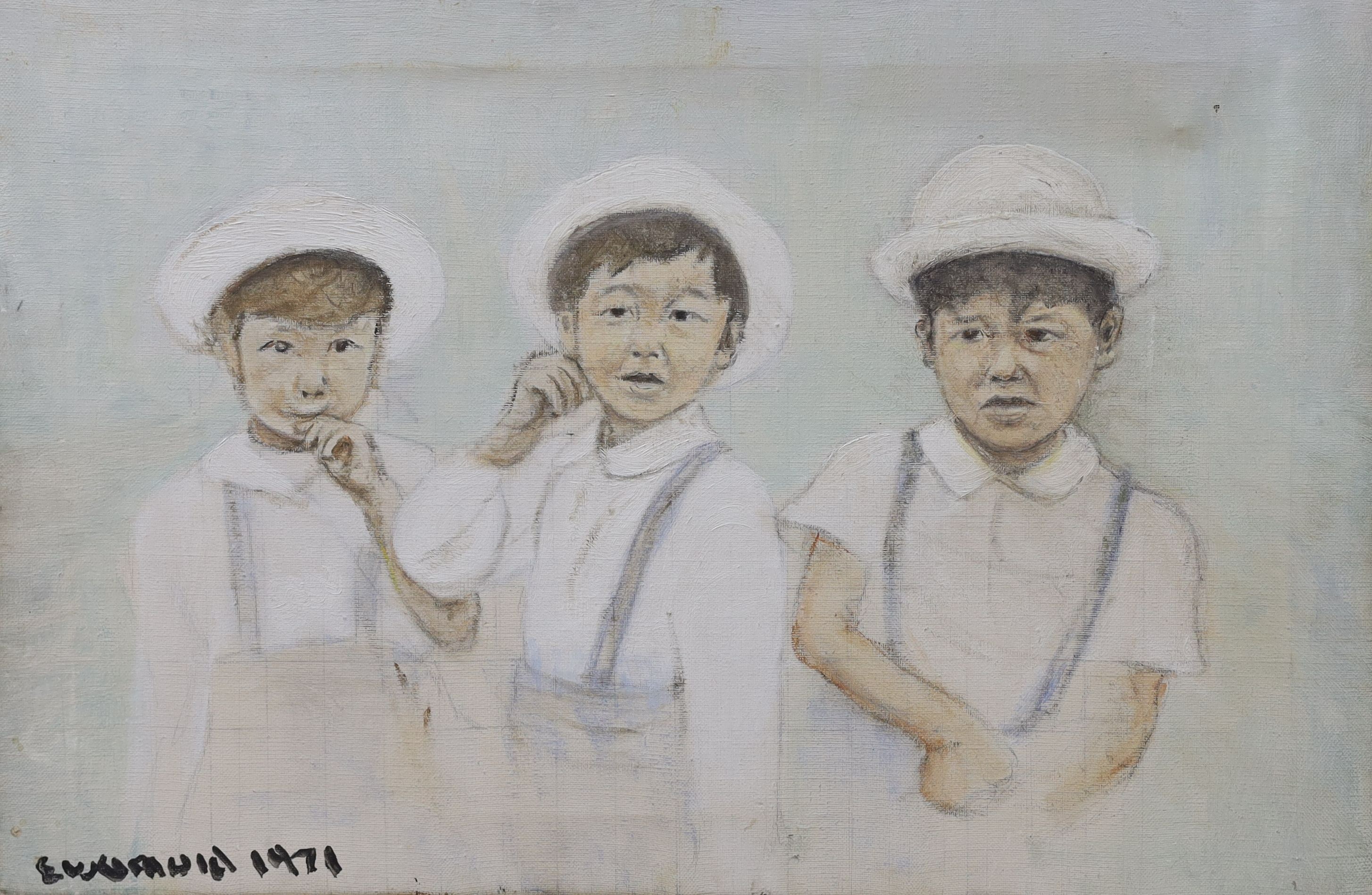 An oil on canvas, Triple portrait of Prince Hiro of Japan, signed and dated 1971, 40 x 60cm